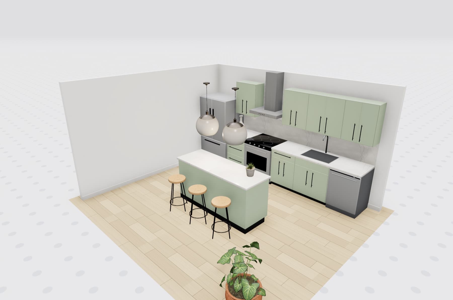 A sage green kitchen with an island, planned in the Elor Home 3D designer