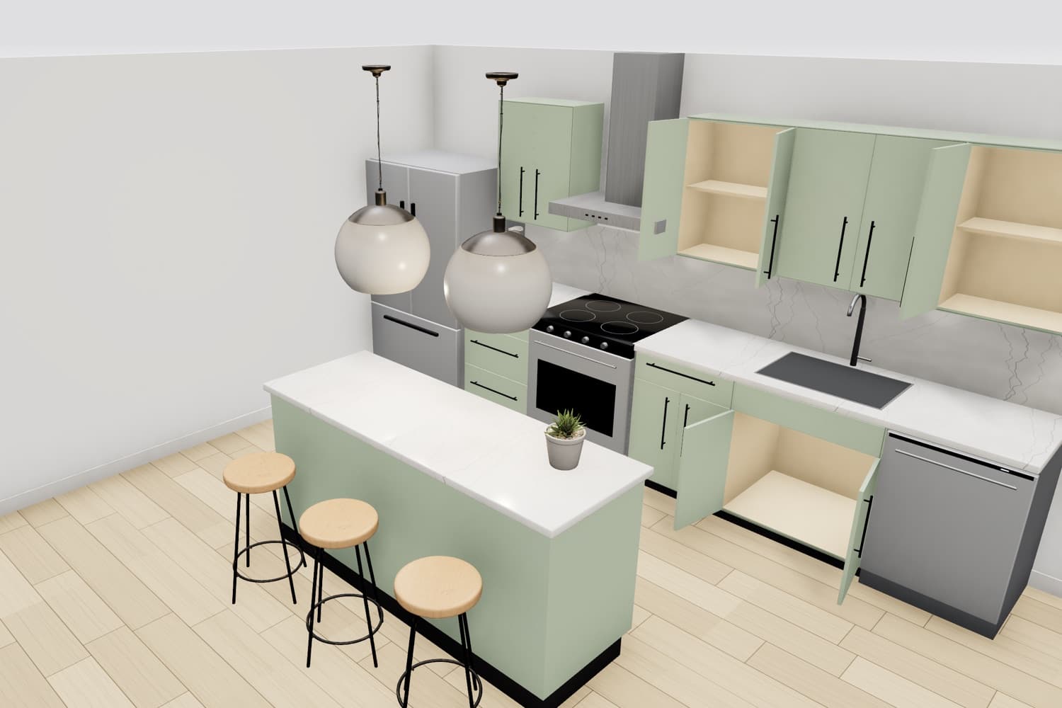 Close-up in the 3D designer with cabinet doors open, showing shelves inside